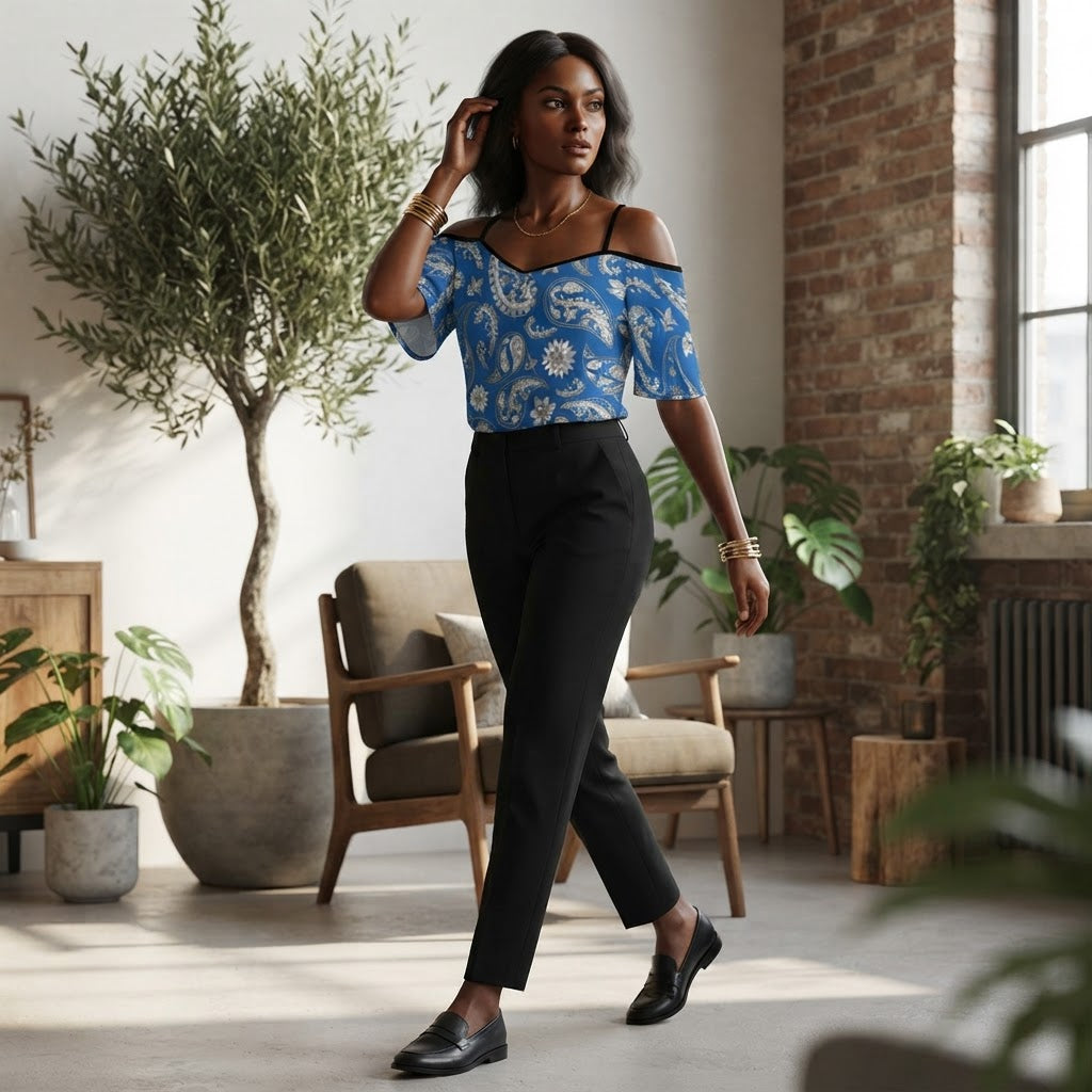 Blue Paisley Print Cold Shoulder Top Adjustable Strap Flowy Chiffon Summer Blouse