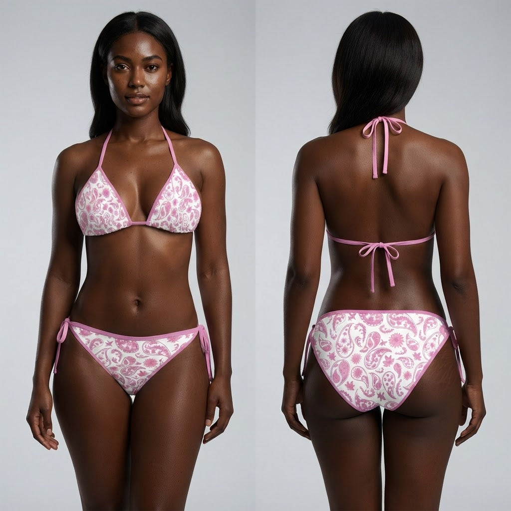 Pink Paisley Print Bikini Set Adjustable Tie Side Swimsuit Bohemian Beachwear