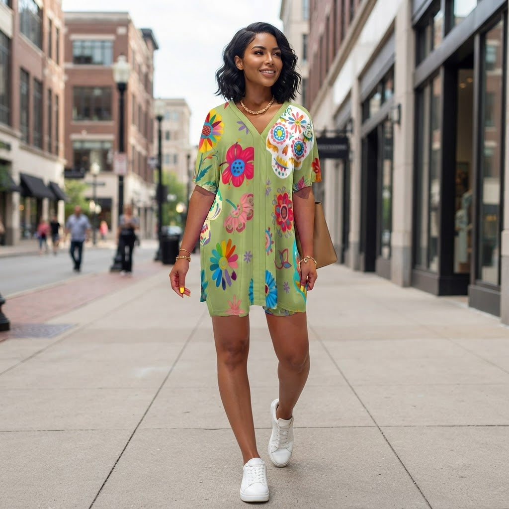 Day of the Dead Floral Two Piece Lounge Set Women Casual V Neck Short Sleeve Top and Shorts Set Comfortable Summer Outfit