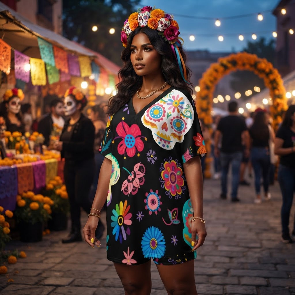 Floral Sugar Skull Lounge Set Women Summer Two Piece Outfit Boho V-Neck Short Sleeve Top and Shorts Matching Set