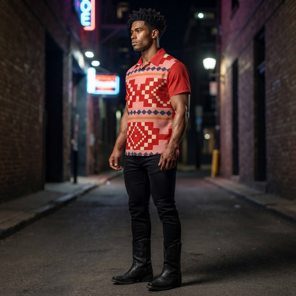 Mens Geometric Print Button Up Shirt Short Sleeve Retro Southwest Style Summer Top