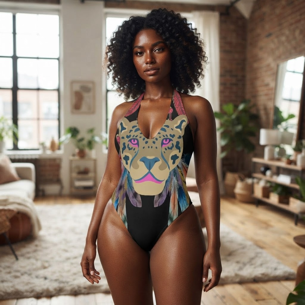 Boho Leopard One Piece Swimsuit Unique Animal Print Halter Neck Swimwear for Beach Vacation Summer Pool Party