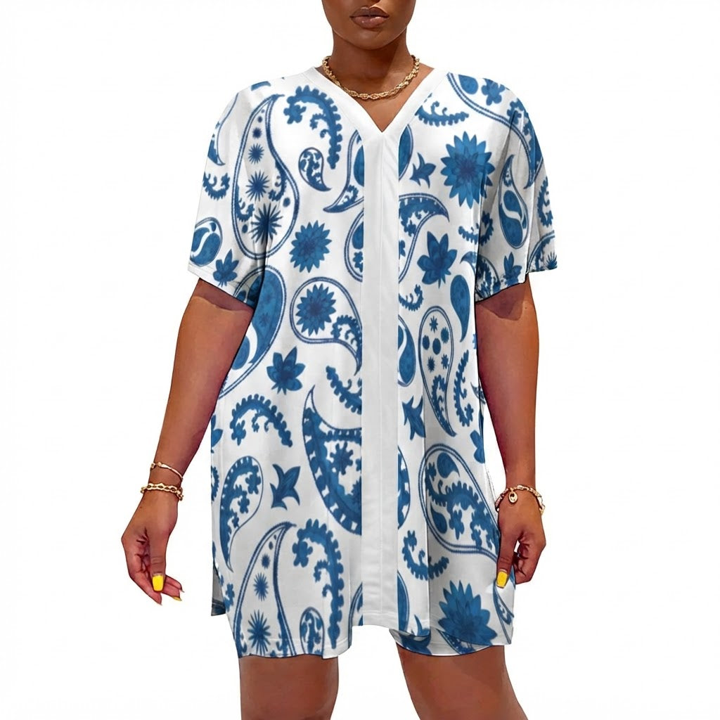 Blue Paisley Two Piece Short Set V Neck Summer Loungewear Outfit