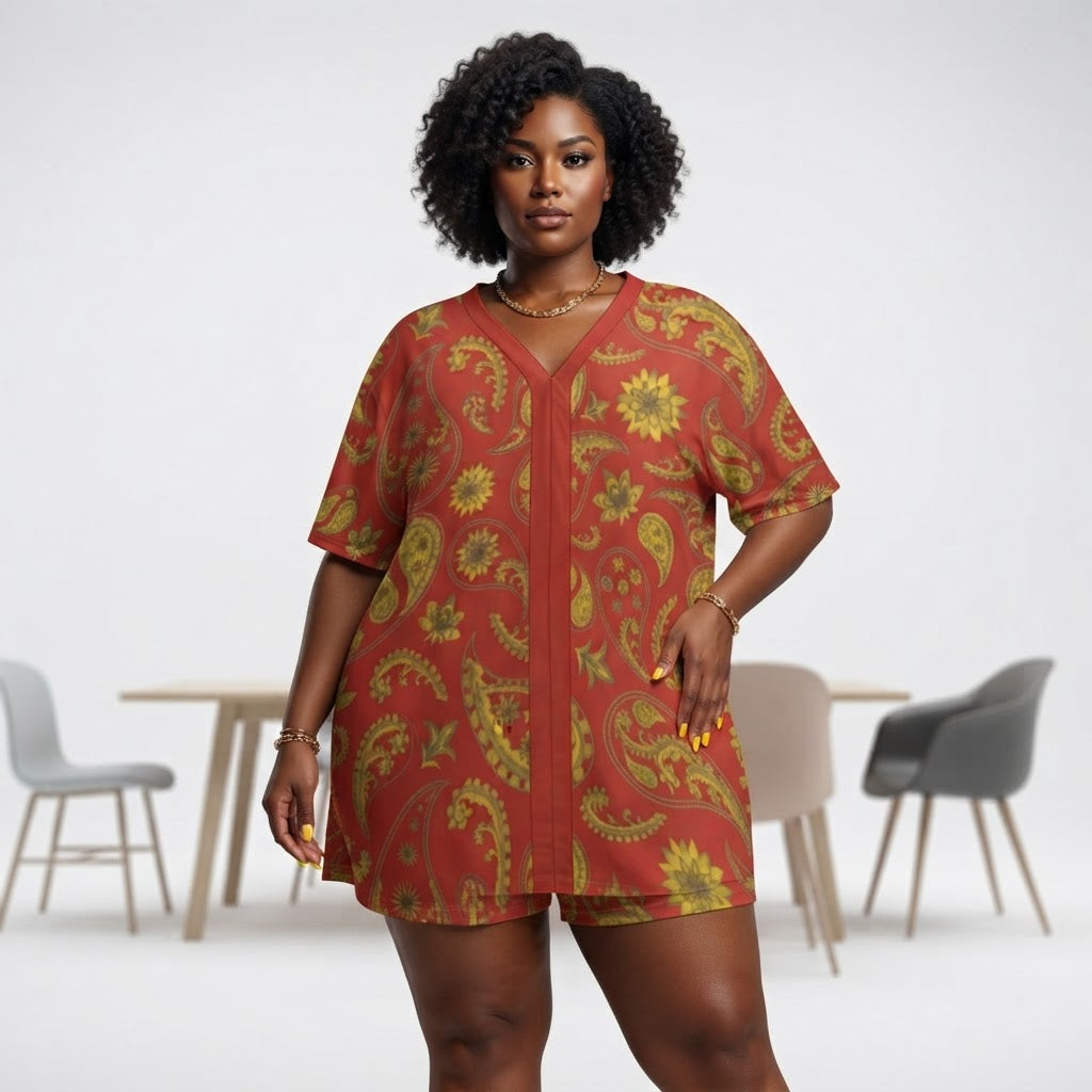 Red Paisley Floral Two Piece Short Set Comfortable V Neck Loungewear Casual Summer Outfit Plus Size Available
