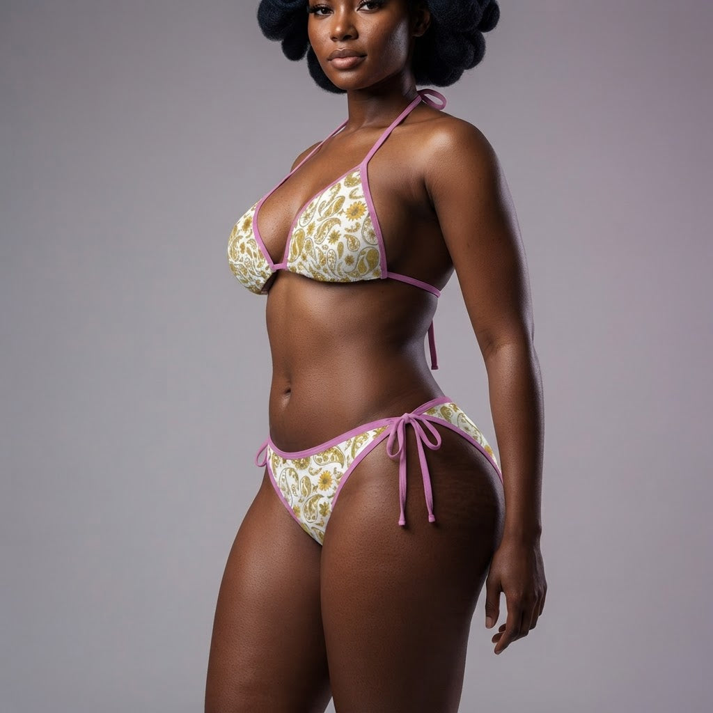 Boho Paisley Print Bikini Set with Pink Trim Adjustable Halter Swimsuit