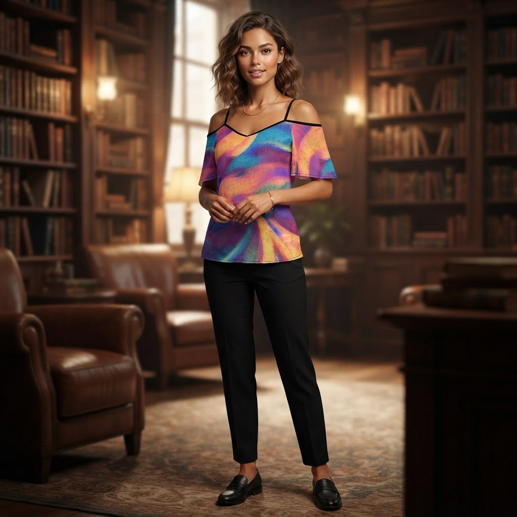 Vibrant Abstract Off-the-Shoulder Chiffon Blouse Elegant Summer Suspender Top