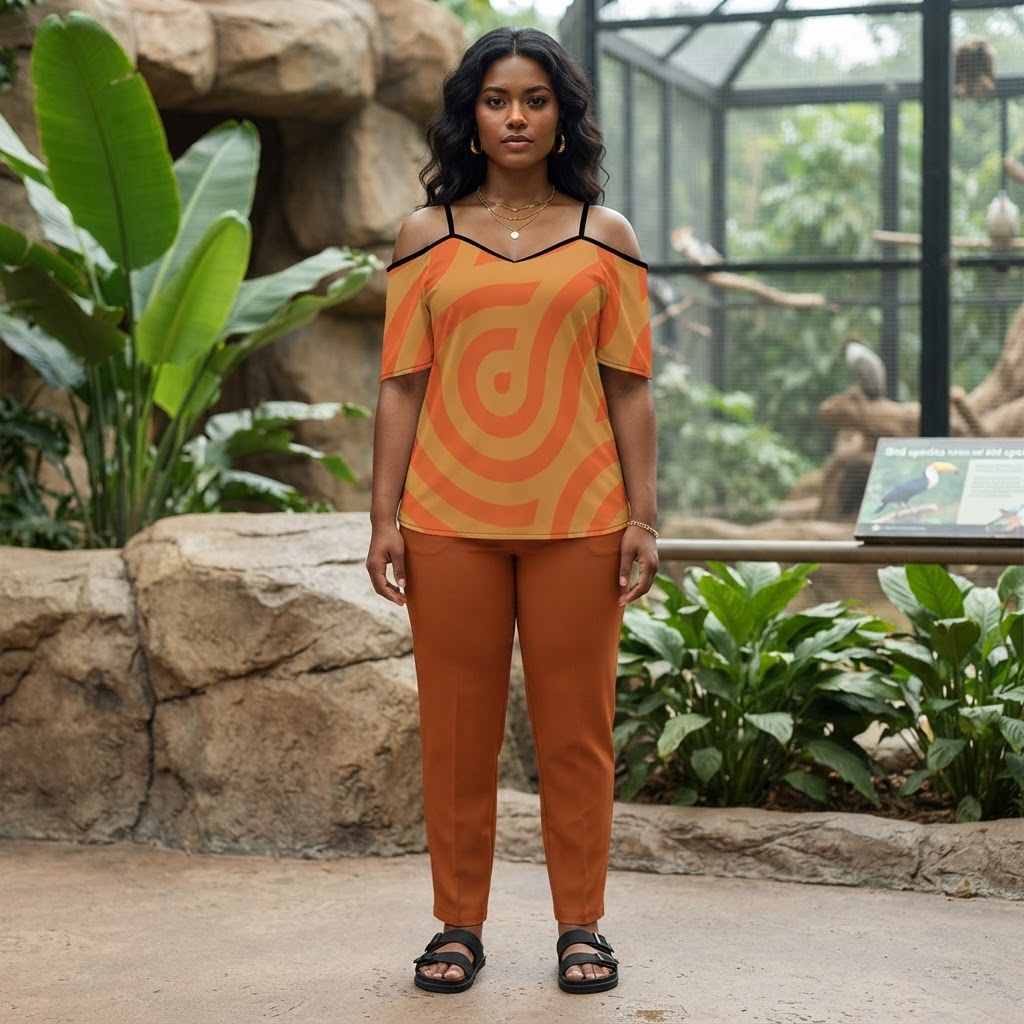 Orange Swirl Print Off Shoulder Blouse Trendy Chiffon Cold Shoulder Top Summer Vacation Shirt