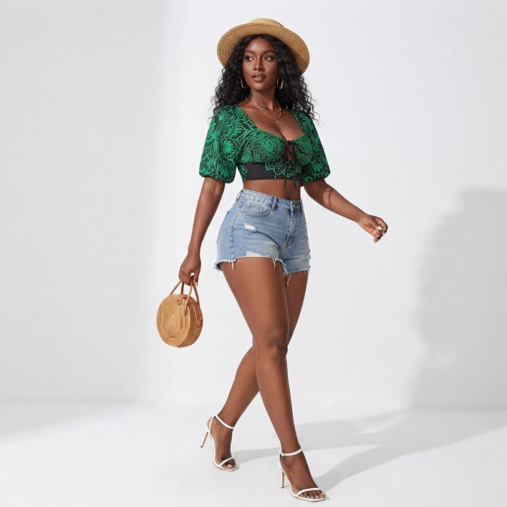 Green Floral Print Corset Crop Top Puff Sleeve Bohemian Blouse