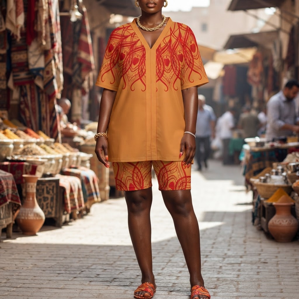 Boho Chic V-Neck Dolman Sleeve Top and Shorts Set Mustard and Red Peacock Inspired Lounge Wear Summer Outfit