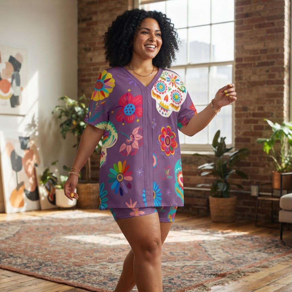 Sugar Skull Floral Two Piece Set V Neck Dolman Sleeve Lounge Outfit