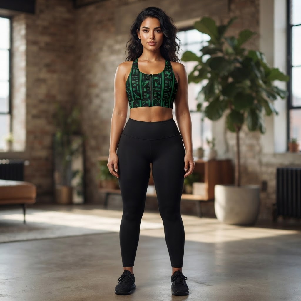 Green Hieroglyph Zip Up Sports Bra Ancient Egypt Style Athletic Crop Top