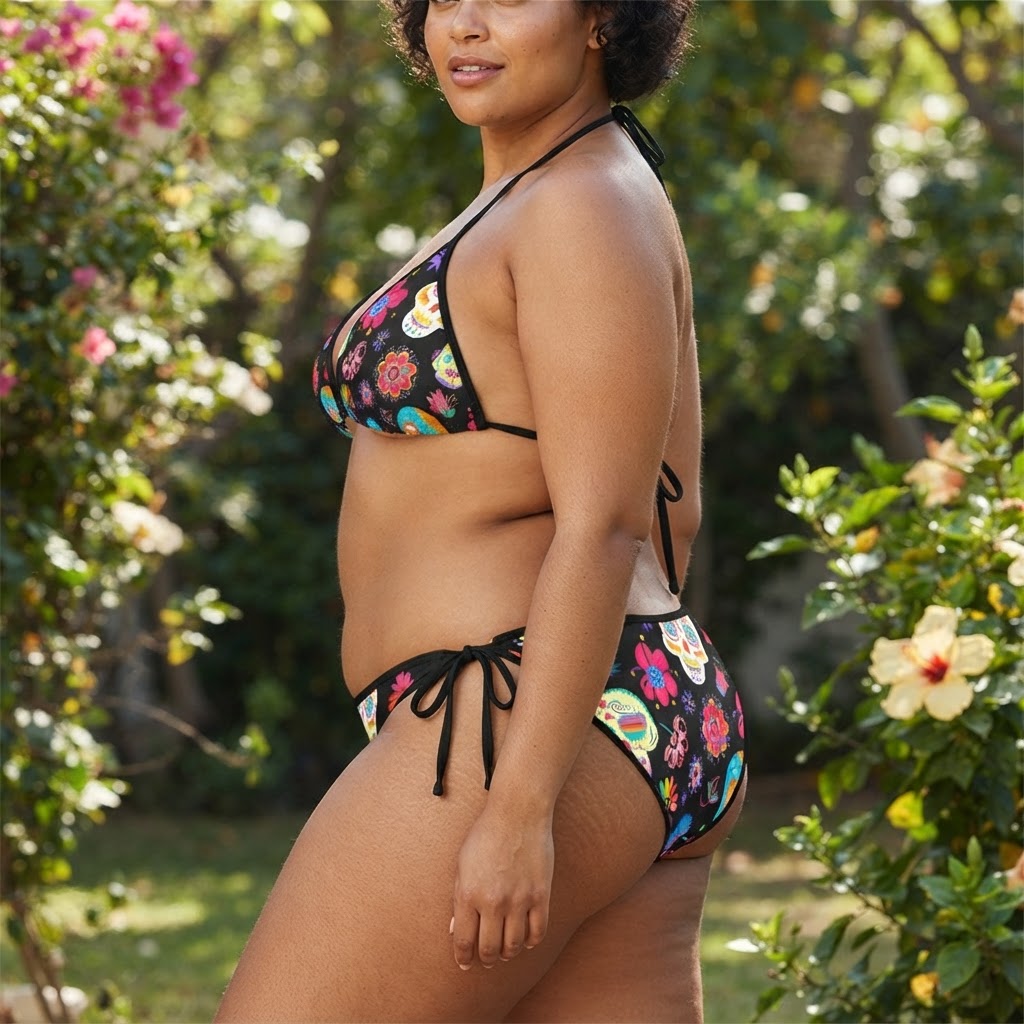 Day of the Dead Sugar Skull Bikini Set Colorful Floral Print Tie Side Swimsuit
