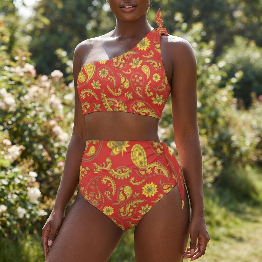 Red Paisley Floral One Shoulder Bikini High Waisted Swimsuit