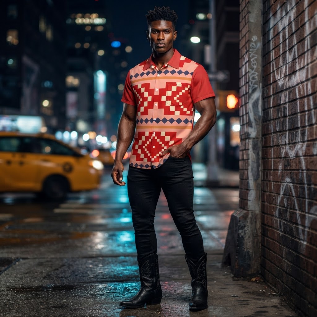 Mens Geometric Print Button Up Shirt Short Sleeve Retro Southwest Style Summer Top