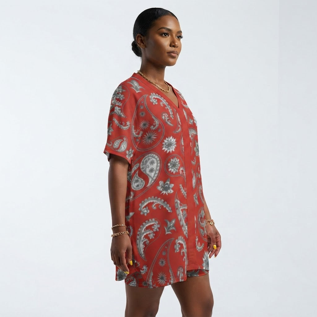 Red Paisley Lounge Set Women V Neck Dolman Top and Shorts Summer Pajamas Gift for Her Comfortable Two Piece Loungewear