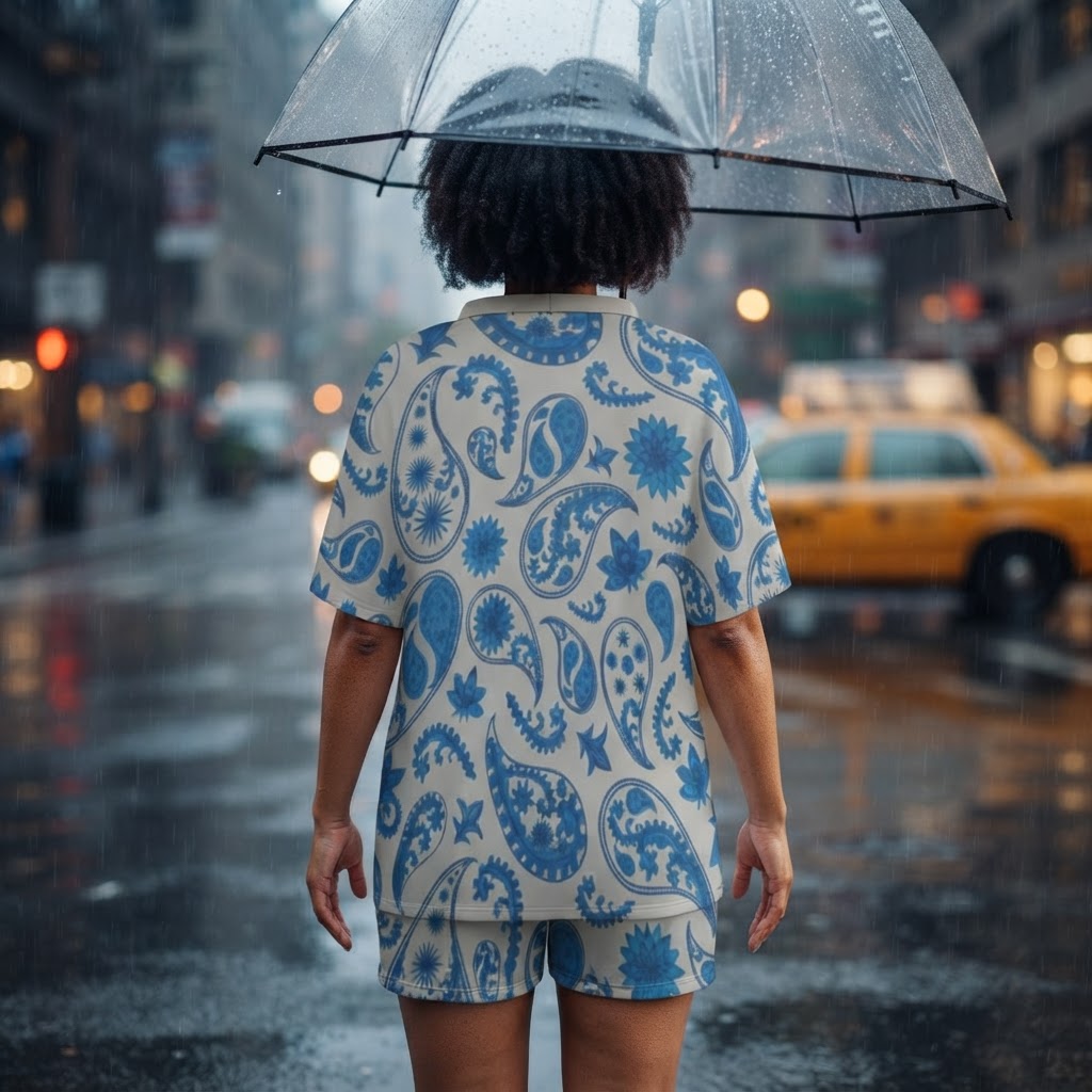 Blue Paisley Print Two Piece Set V Neck Dolman Sleeve Top and Shorts Loungewear