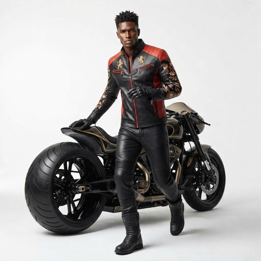 Mens Designer Lion Motif Faux Leather Motorcycle Jacket with Floral Sleeves