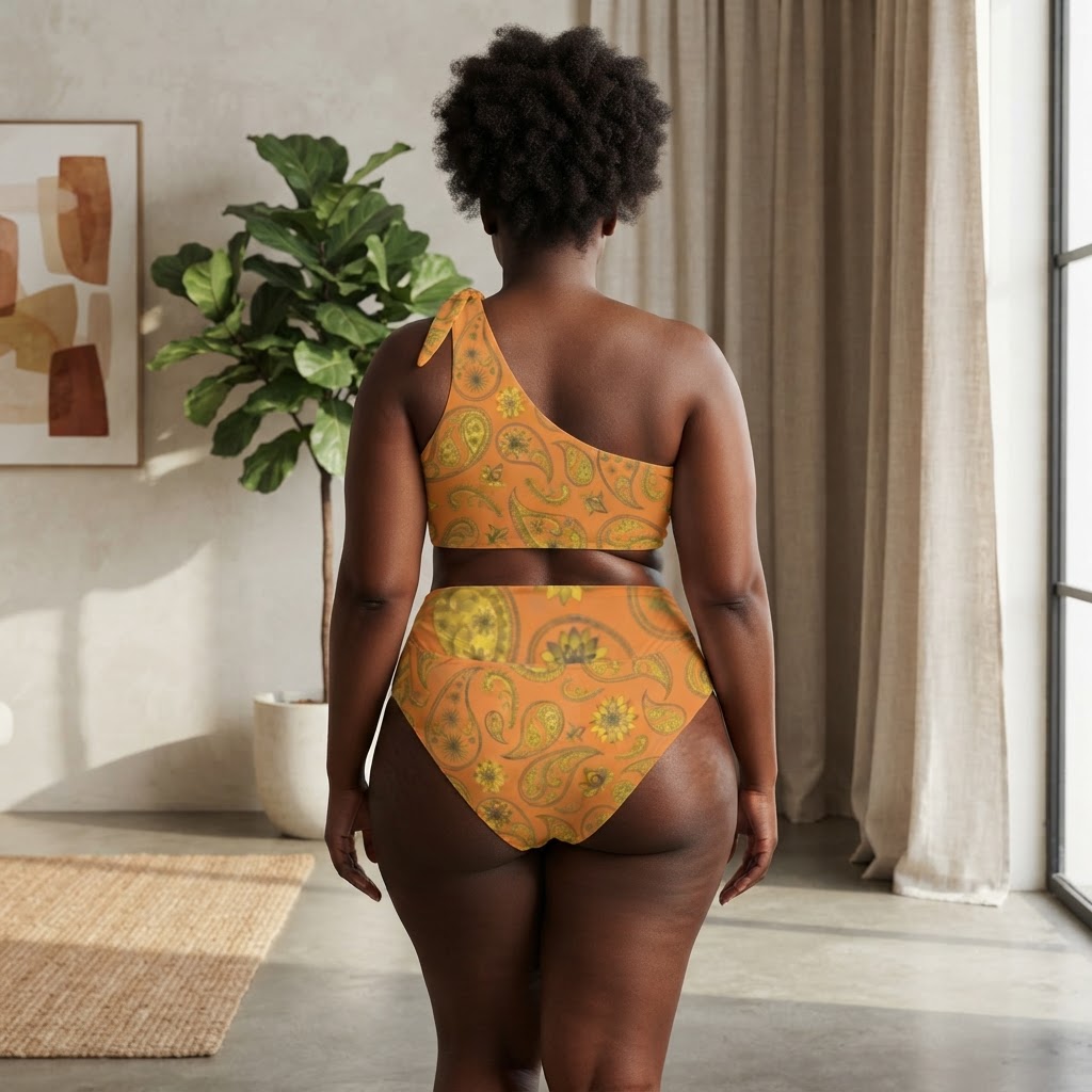 Orange Paisley One Shoulder Bikini Set High Waisted Swimsuit