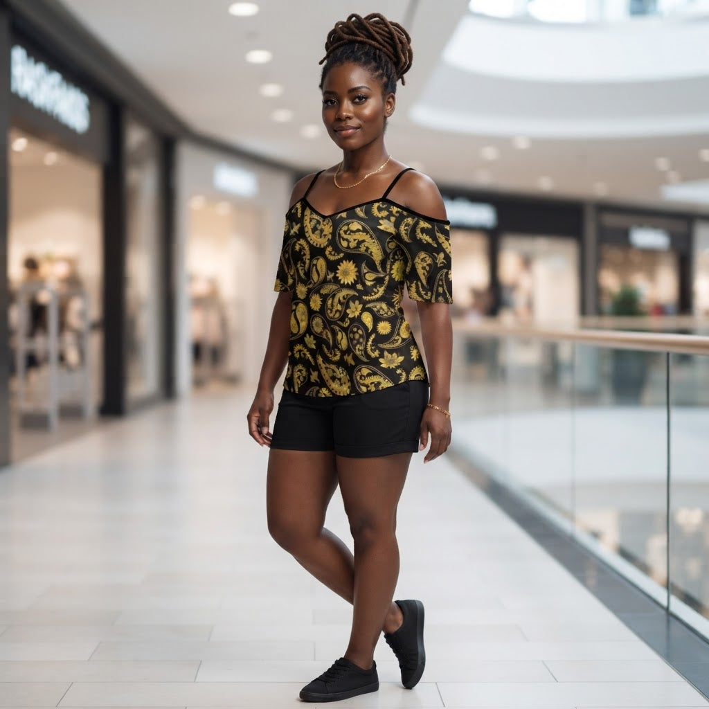Gold Paisley Print Off Shoulder Top Bohemian Floral Cold Shoulder Blouse Lightweight Summer Shirt for Women
