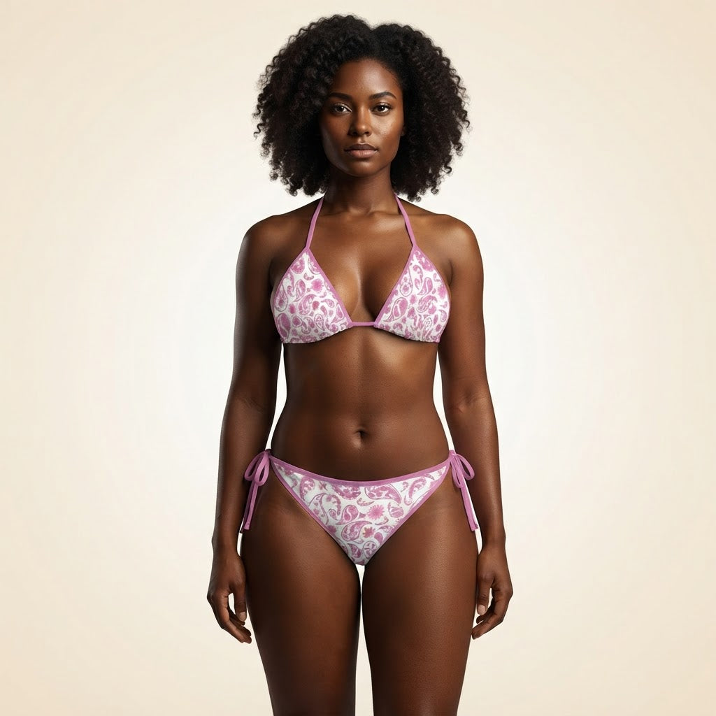 Pink Paisley Print Bikini Set Adjustable Tie Side Swimsuit Bohemian Beachwear