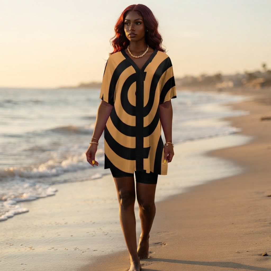 Geometric V-Neck Two-Piece Loungewear Set Soft Brushed Milk Fabric