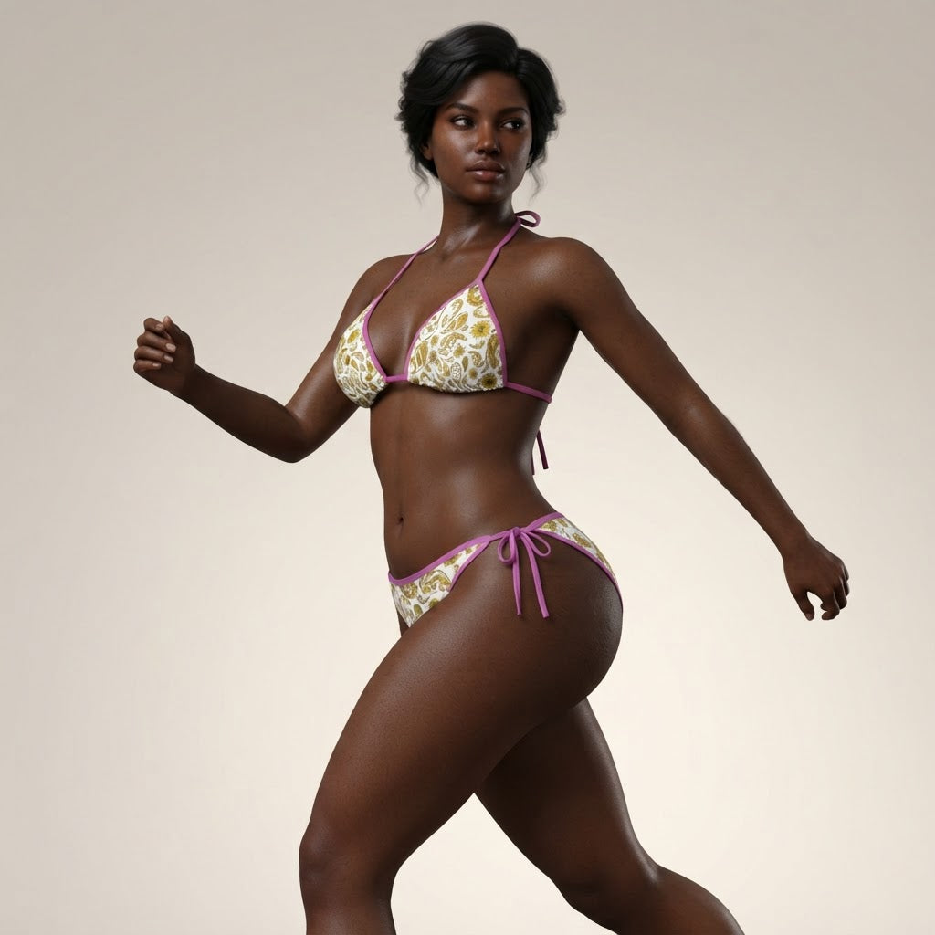 Boho Paisley Print Bikini Set with Pink Trim Adjustable Halter Swimsuit