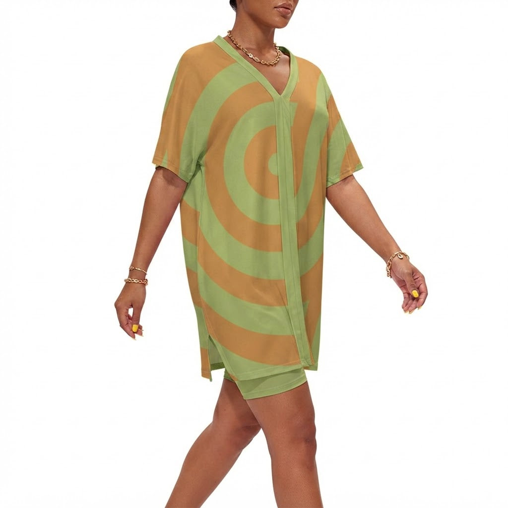 Geometric Print Two Piece Shorts Set V Neck Dolman Sleeve Loungewear Outfit