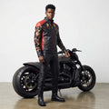 Mens Designer Lion Motif Faux Leather Motorcycle Jacket with Floral Sleeves