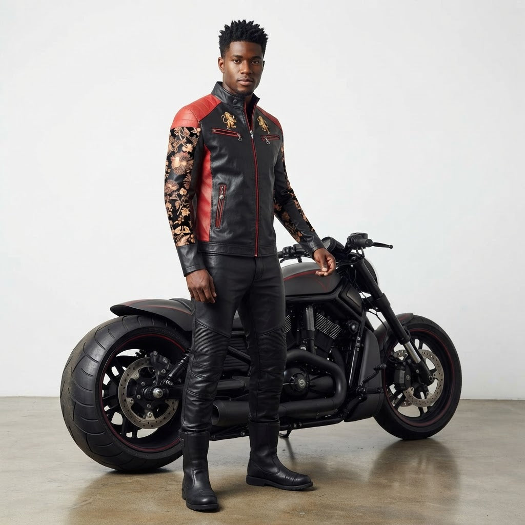 Mens Designer Lion Motif Faux Leather Motorcycle Jacket with Floral Sleeves