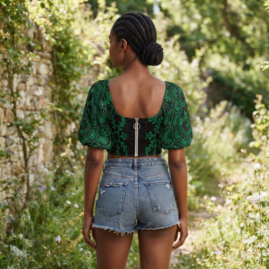 Boho Green Floral Puff Sleeve Corset Crop Top Back Zip Festival Blouse
