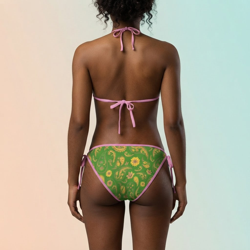 Green Paisley Sunflower Print Bikini Set with Pink Trim Adjustable Swimsuit