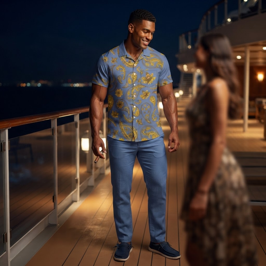 Mens Blue Paisley Print Short Sleeve Shirt Casual Summer Button Down Vacation Wear