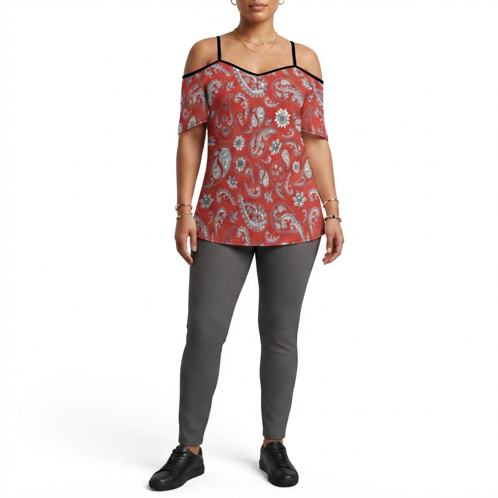 Red Paisley Off the Shoulder Chiffon Top Adjustable Strap Flowy Bohemian Summer Blouse