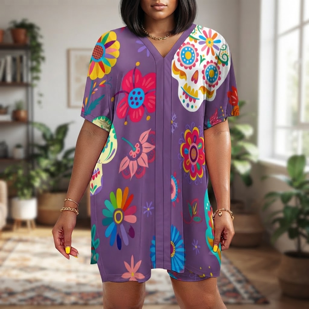 Sugar Skull Floral Two Piece Set V Neck Dolman Sleeve Lounge Outfit