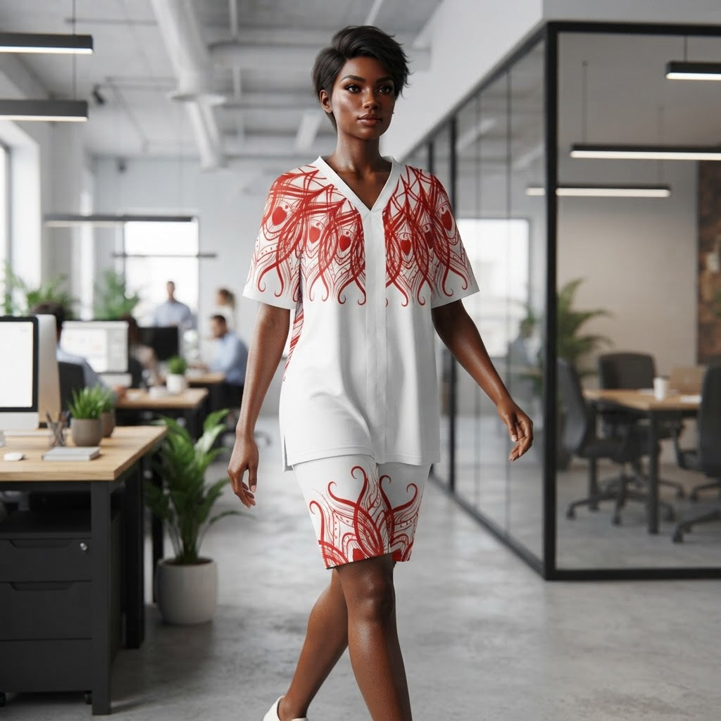 Red Feather Print Two Piece Lounge Set V Neck Top and Shorts Soft Casual Outfit