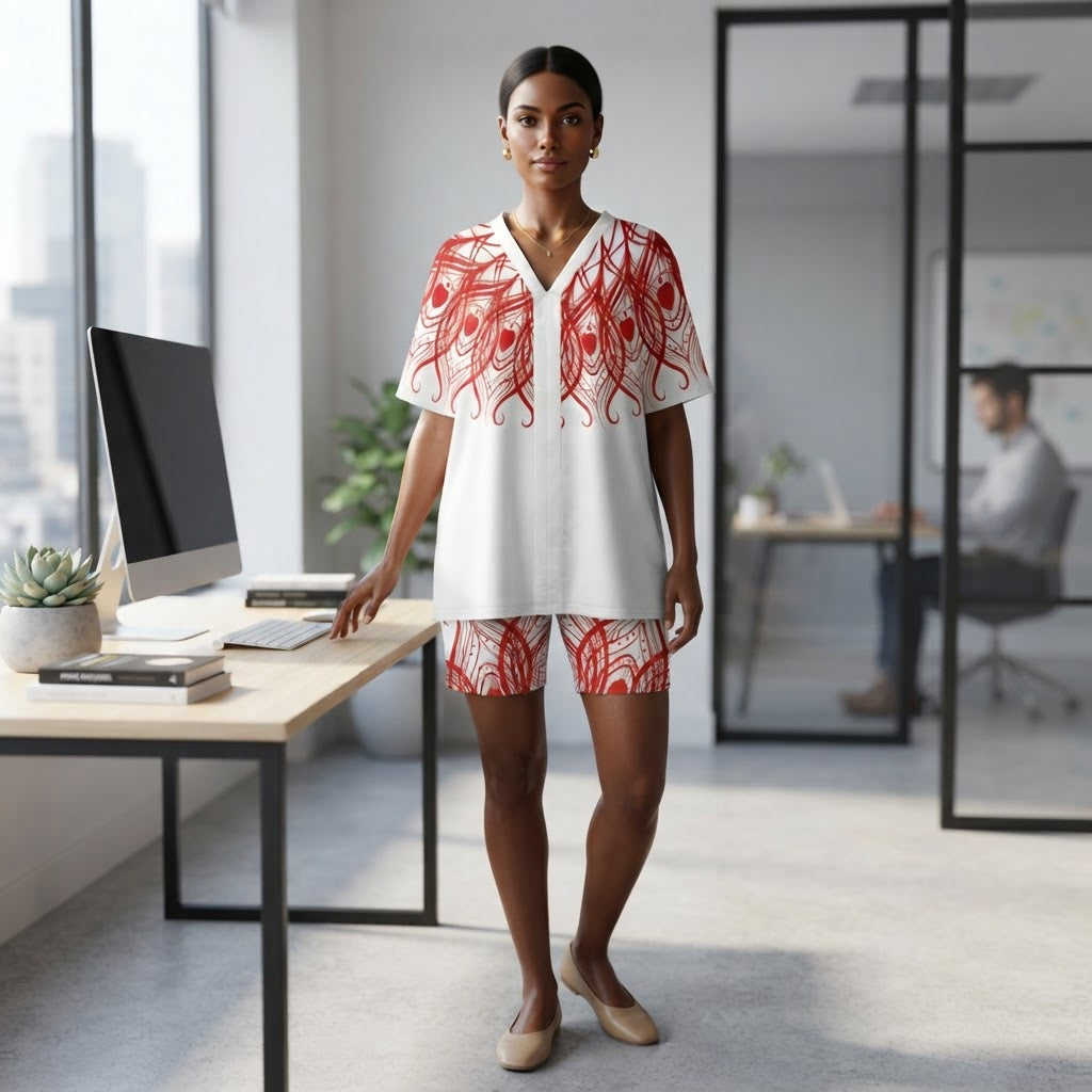 Red Feather Print Two Piece Lounge Set V Neck Top and Shorts Soft Casual Outfit