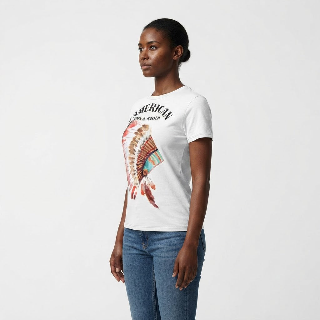 T'American Born and Raised Graphic T-Shirt Women's Patriotic Watercolor Headdress Tee