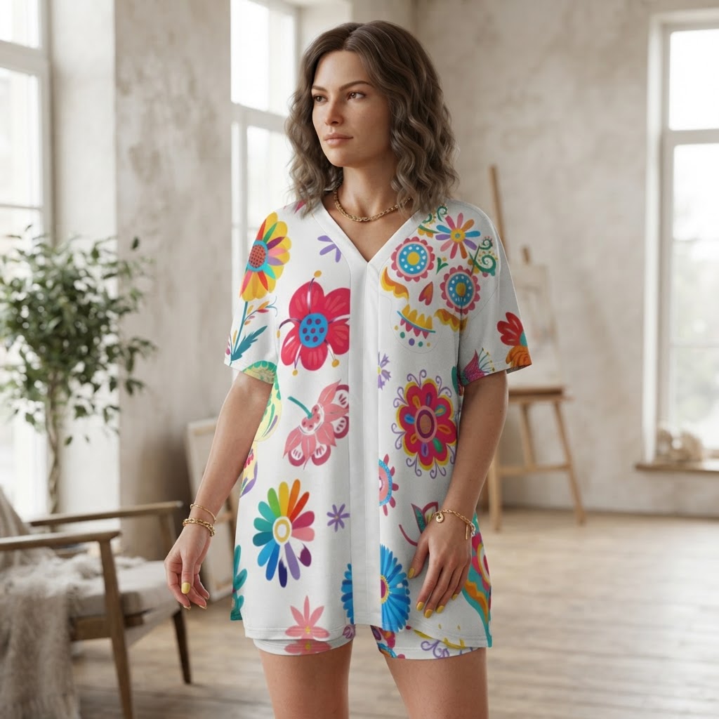 Floral Sugar Skull Lounge Set Women Summer Two Piece Outfit Dolman Sleeve Top and Shorts Set Comfortable Casual Sleepwear