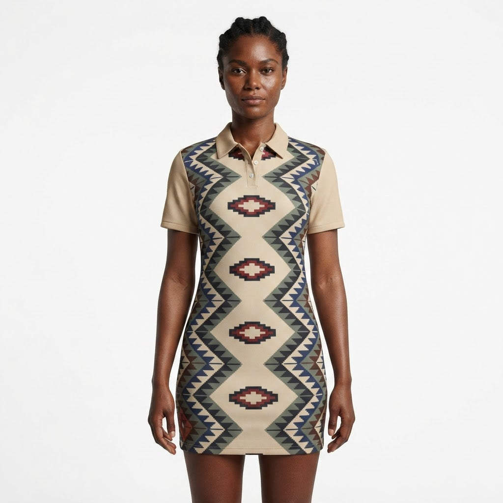 Trendy Geometric Print Polo Dress in Soft Beige Stylish Casual Wear Suitable for All Occasions