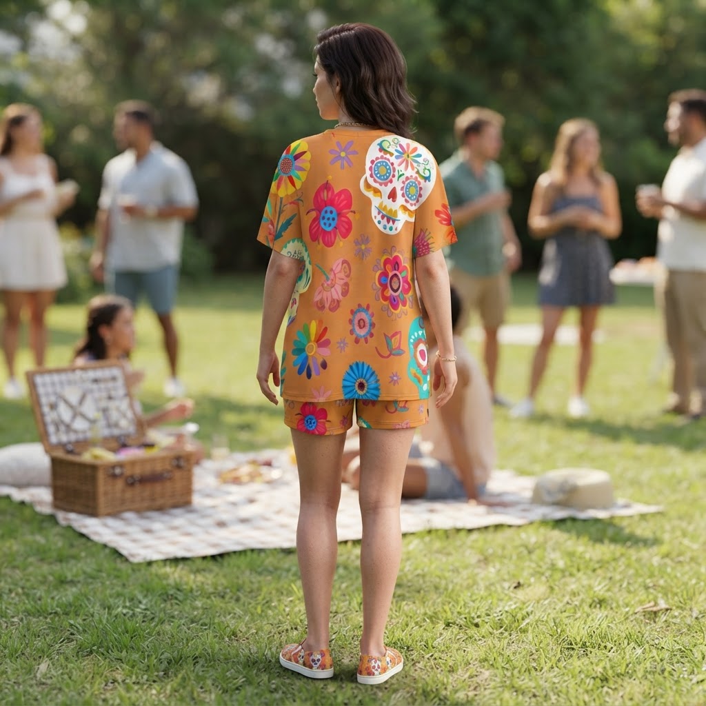 Floral Sugar Skull Lounge Set V-Neck Dolman Tee and Shorts Two-Piece Outfit