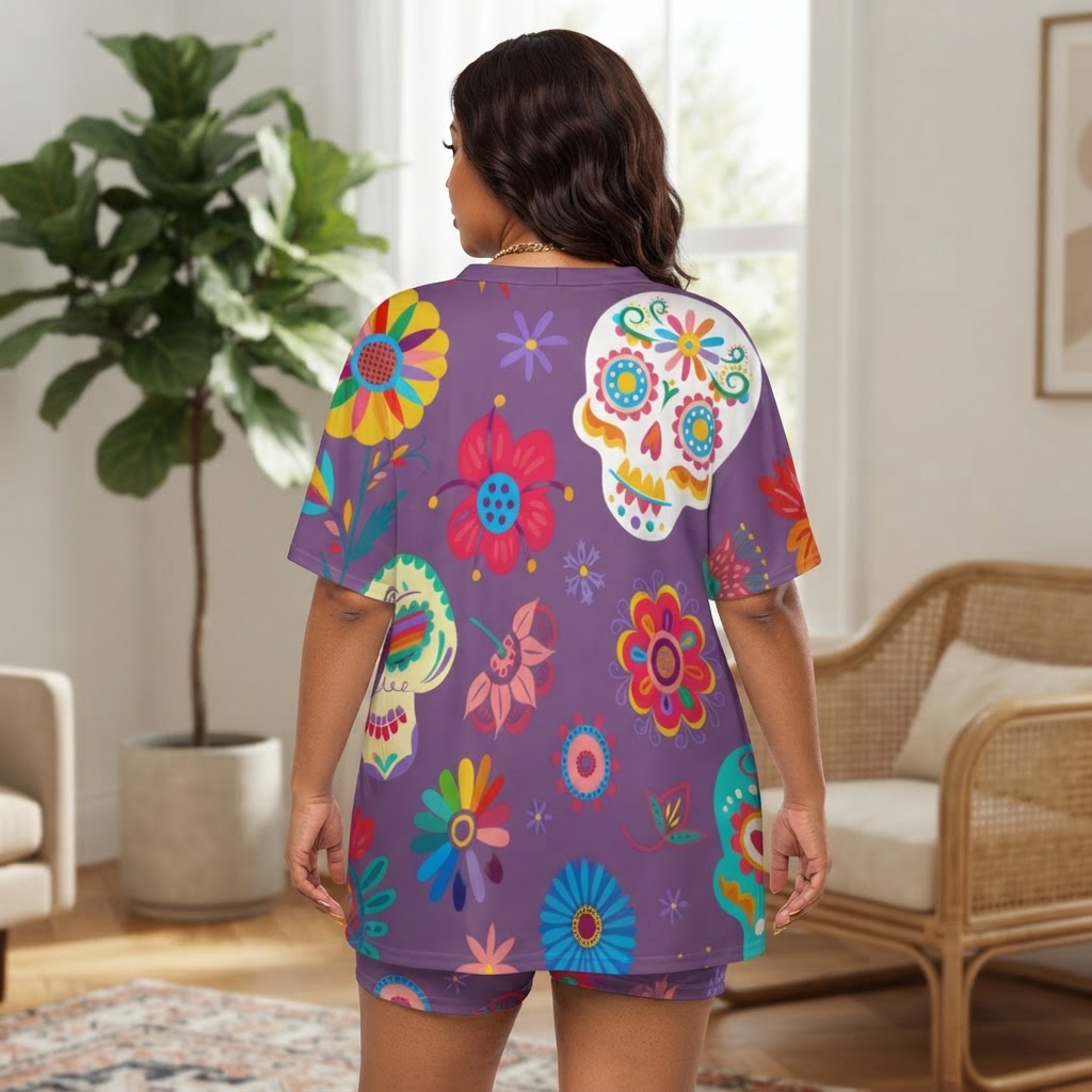 Sugar Skull Floral Two Piece Set V Neck Dolman Sleeve Lounge Outfit