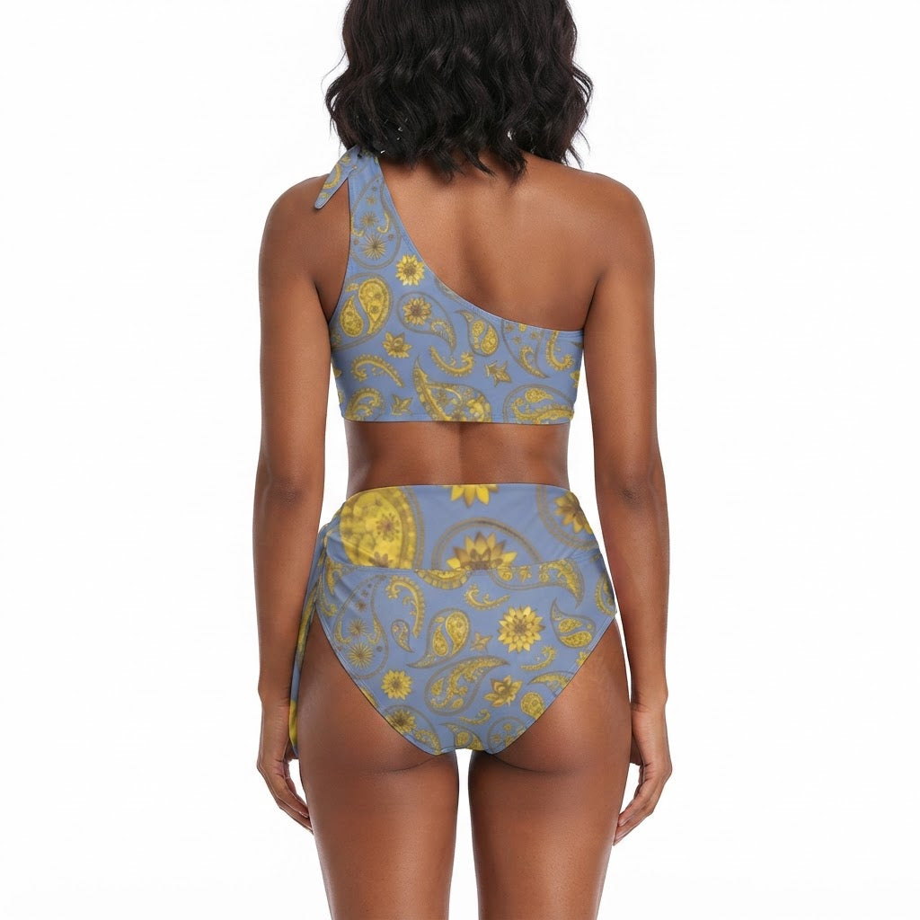 Blue and Gold Paisley One Shoulder High Waisted Bikini Set Sexy Summer Swimsuit