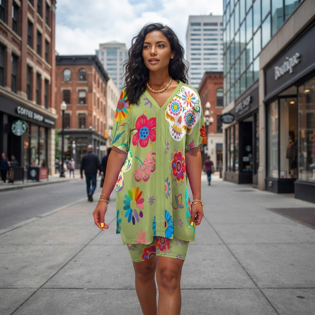 Day of the Dead Floral Two Piece Lounge Set Women Casual V Neck Short Sleeve Top and Shorts Set Comfortable Summer Outfit