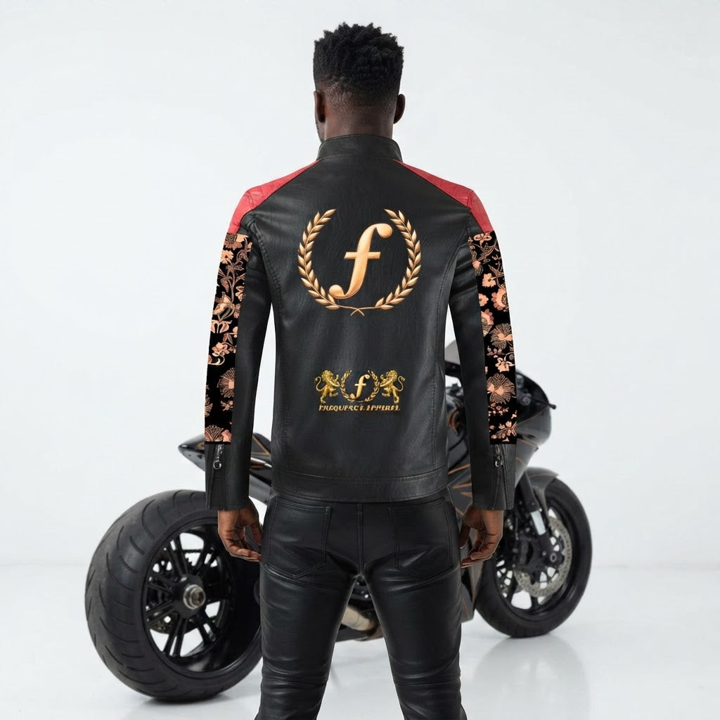 Mens Designer Lion Motif Faux Leather Motorcycle Jacket with Floral Sleeves