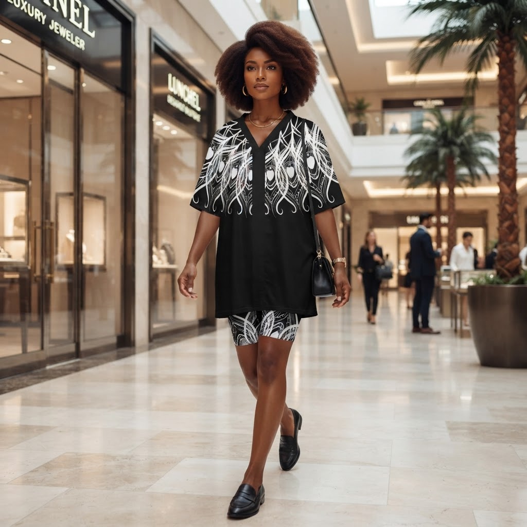Boho Chic Matching Short Set V Neck Two Piece Lounge Outfit Black and White Graphic Print Summer Casual Set for Women