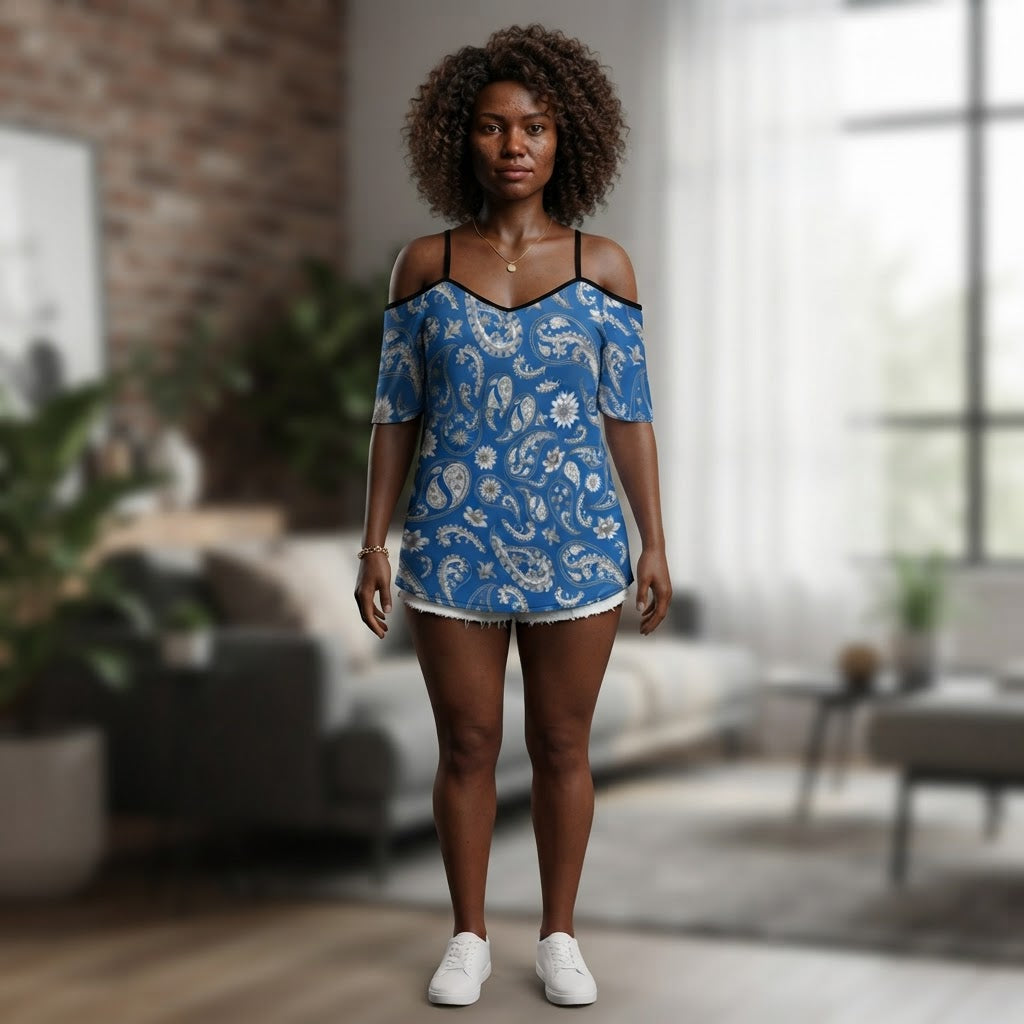 Blue Paisley Print Cold Shoulder Top Adjustable Strap Flowy Chiffon Summer Blouse
