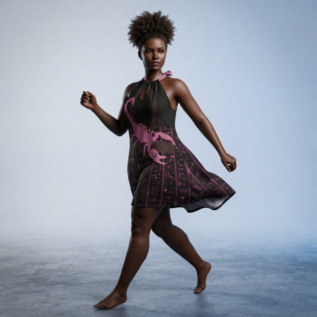 Scorpio Zodiac Halter Dress with Ankh and Hieroglyphs Pink and Black Celestial Astrology Summer Outfit