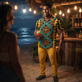 Mens Geometric Print Hawaiian Shirt Vibrant Aztec Pattern Summer Beach Vacation Button Down Shirt