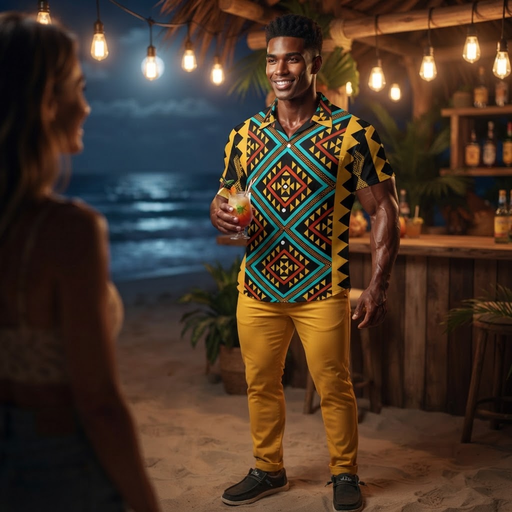 Mens Geometric Print Hawaiian Shirt Vibrant Aztec Pattern Summer Beach Vacation Button Down Shirt
