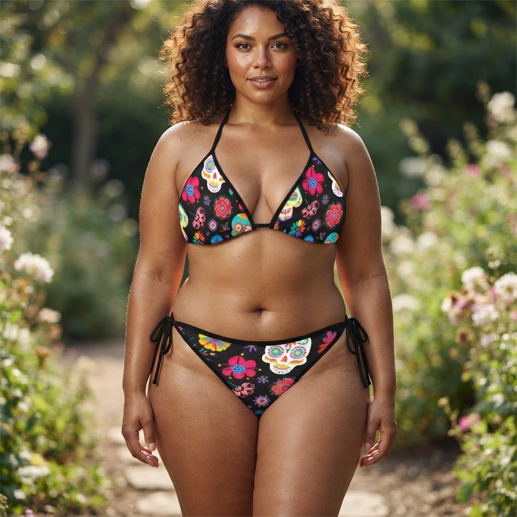 Day of the Dead Sugar Skull Bikini Set Colorful Floral Print Tie Side Swimsuit